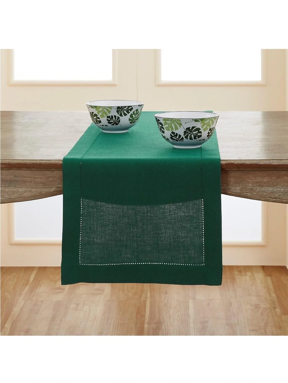 NEW Solino Home 100% Pure Linen Rainforest Green Table Runner, Classic Hemstitch